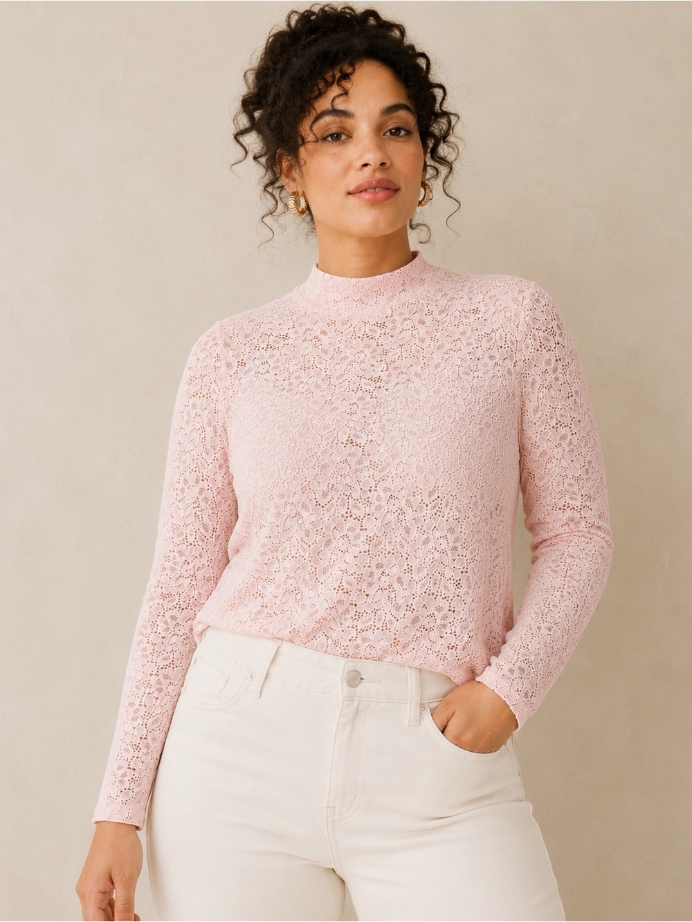 TORRID SIZE2 Woman Pink Lace Stretch Mock Neck Long Sleeve Top Romantic Dainty